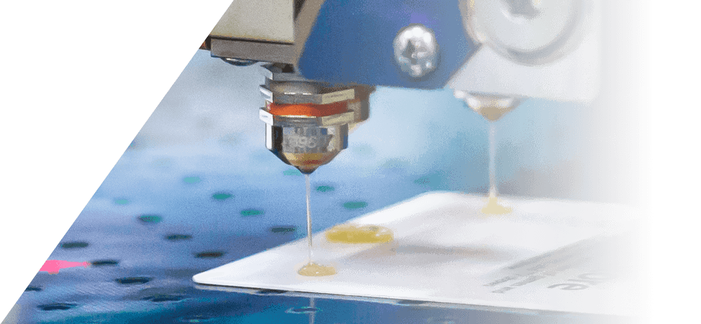 Designed for both fugitive and permanent bonding, this hot melt glue system offers unparalleled accuracy with up to 8 heads. 